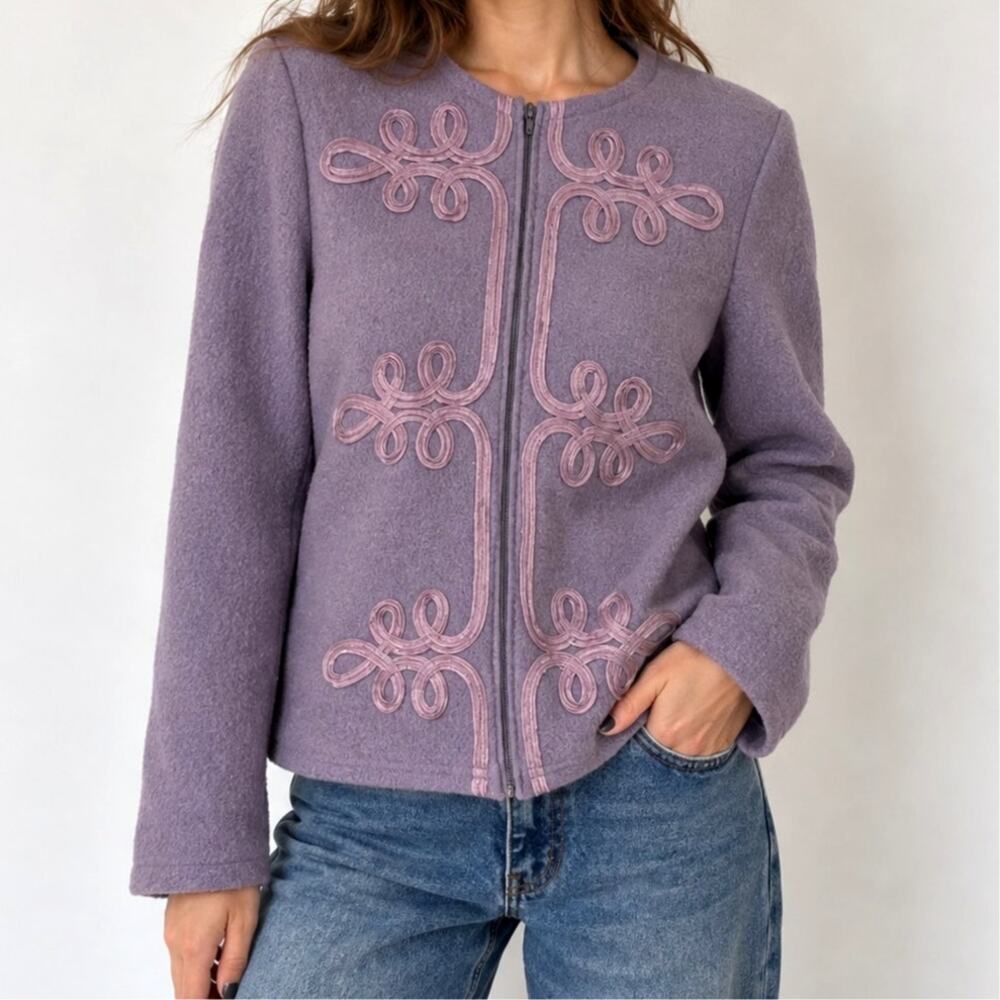 The Tog Shop 100% Wool Lavender Soutache Zip Jacket Size Medium Vintage Sweater